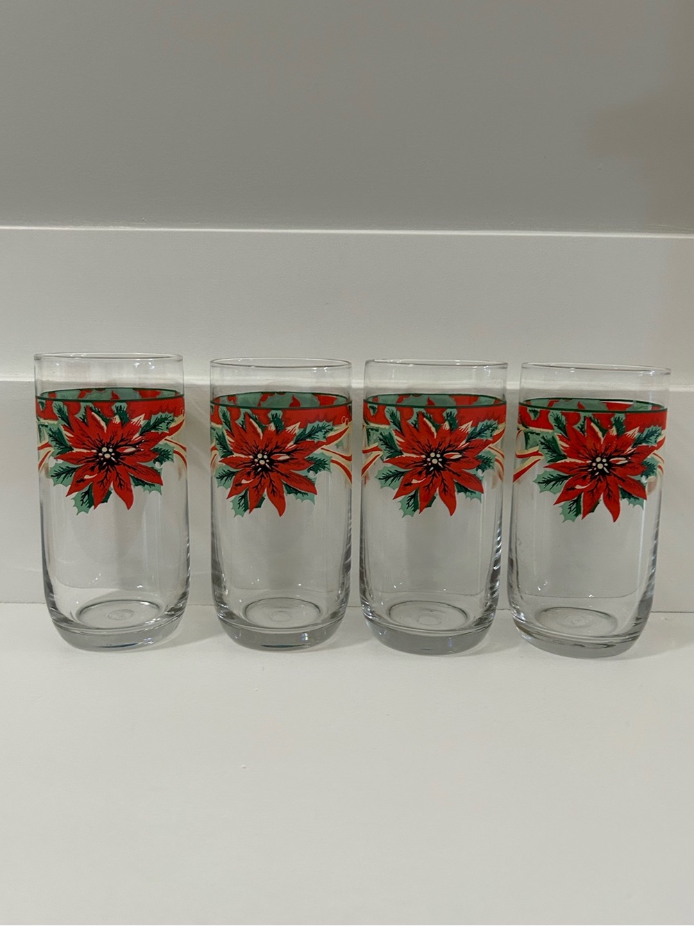 Vintage Holiday Poinsettia Highball Glasses - Set of 4